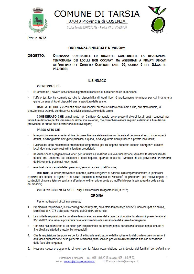 Ordinanza Sindacale n. 286/2021
