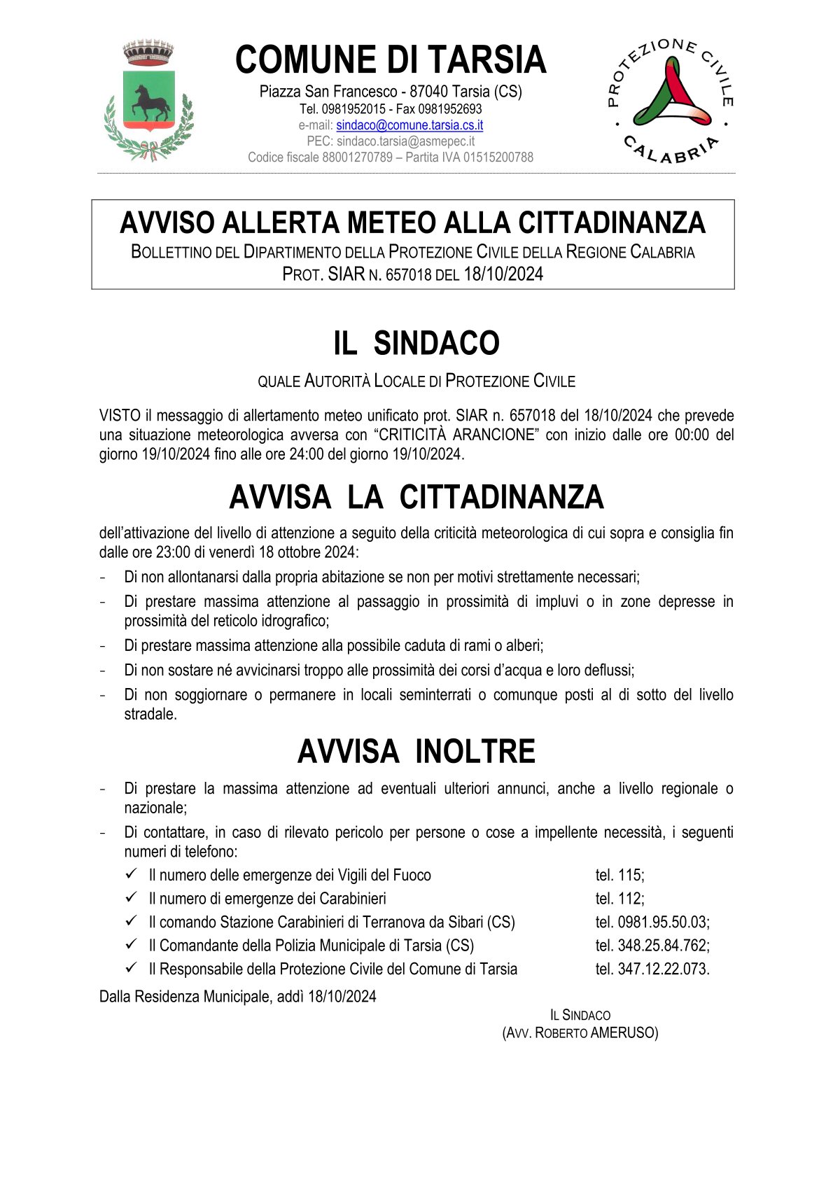 MESSAGGIO DI ALLERTA METEO ALLA CITTADINANZA